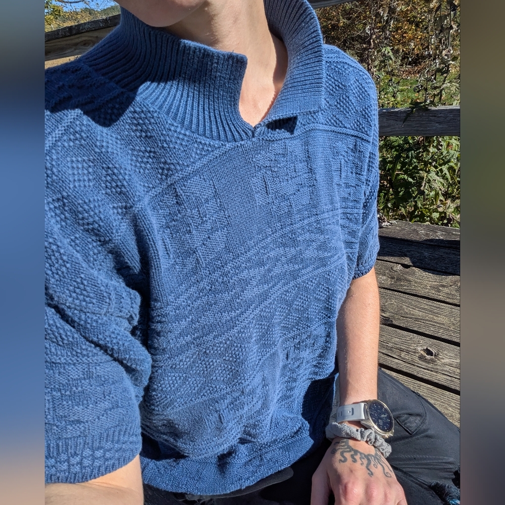 Vintage! Navy Blue Textured Knit Cotton Collared Shirt Jumper fall sweater